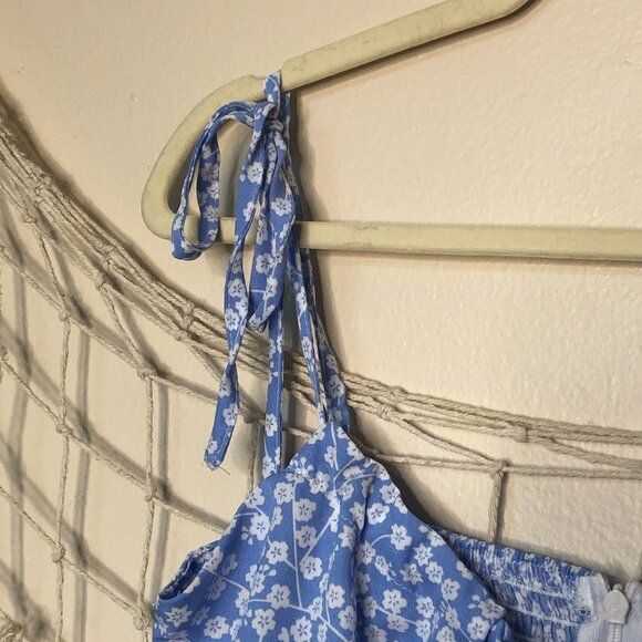 SHEIN Allover Blue & White Floral Print Ruched Bust Ruffle Hem Cami Dress S - Picture 3 of 13